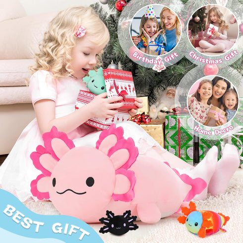 Big Axolotl Plush 24 Inch, Long Stuffed Animal with 3 Baby Axolotl Plushies, 4Pcs Pillow Gifts for Kids