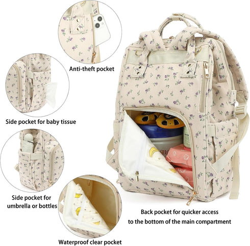 Yusudan Backpack Corduroy Diaper Bag for Baby Girls Boys, Women Large Nappy Bags for Mom (Beige Corduroy Floral Purple)