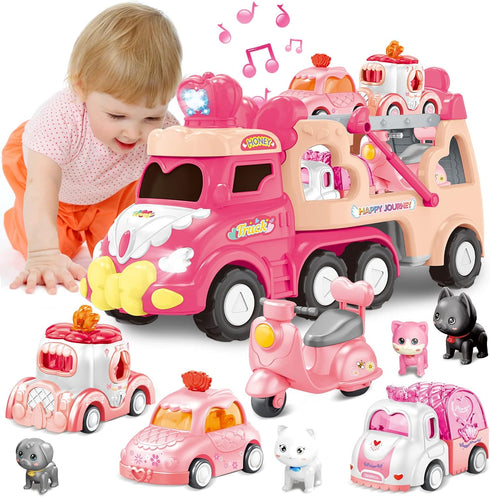 seveclotree 9 1 1-4 in Carrier Truck Cars Toys - Pink Princess Girl Car with Light and Sound - Toddler Toys Age