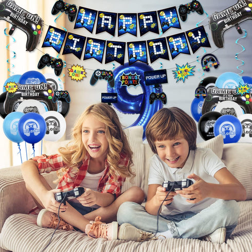 Video Game Party Decorations: 9th Birthday for Boys, HAPPY BIRTHDAY Banner, Gaming Hanging Swirls