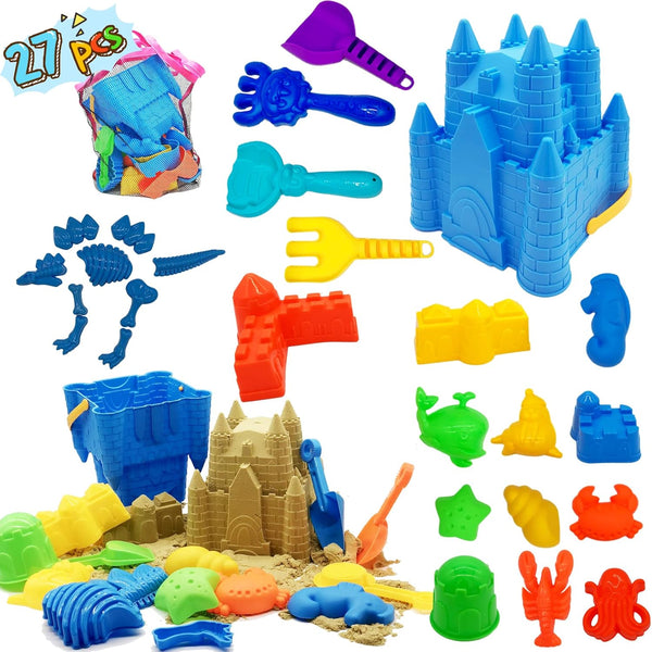 Beach Sand Toys for Kids, 27pcs Castle Molds, Bucket, Shovel Tool Kit, Sandbox Toys for Toddlers, Bonus Mesh Bag