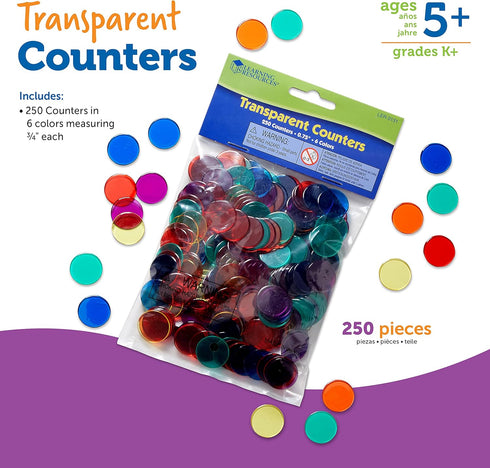 Learning Resources Transparent Color Counting Chips - 250 Pieces, Math Counters for Kids, Ages 5+, Perfect for Bingo