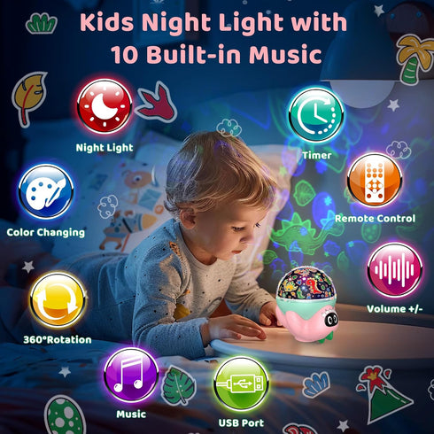 10 MOKOQI Dinosaur Night Light Projector for Kids Room, Boy Girl Dino Lamp with Soothing Music& Timer, Remote Control