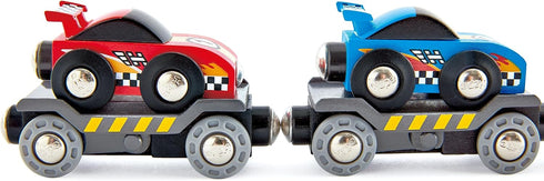 Set Hape Race Car Transporter | Six-Piece Wooden Toy Train Car Transport for Kids
