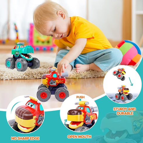 Toy Cars For 1 2 3 Year Old - 3 Pack Monster Truck Toy - Push & Go Crocodile Friction Powered Bull Pull Back Leopard