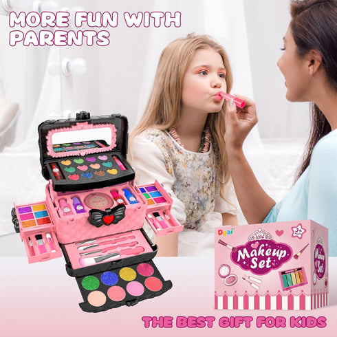 54 Pcs Kids Makeup Kit for Girls - Real Washable Pretend Play Cosmetic Set with Mirror, Safe Birthday Gift (Pink)
