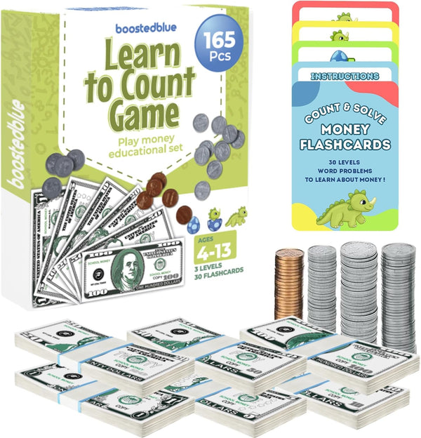 BOOSTEDBLUE Learn to Count Educational Play Money Game | 165 Piece Classroom Set