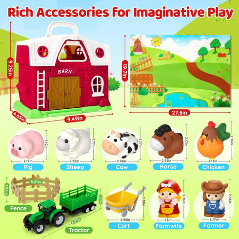 1 2 3 Set 1-3, Farm Animal Toys for Year Old Toddlers, Big Red Barn with Farm Mat & Animals & Tractor Toy for Boys