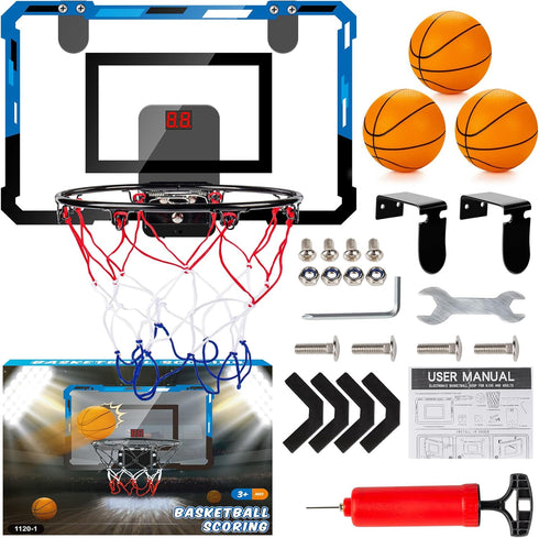 Basketball Hoop Indoor for Kids Adults, Scorer with 2 Scoring Methods, Mini Hoop with 3 Batteries and Balls