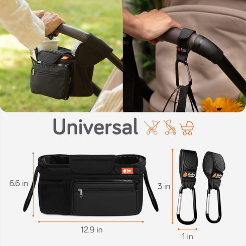 2 Baby Uma Stroller Caddy & Stroller Hooks - Universal Organizer Bag with XL Insulated Cup Holder, Phone Pocket, Wipes