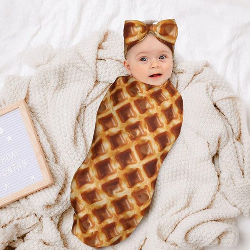 Set Waffles Food Swaddle Blankets Newborn Receiving Blanket Baby Swaddle Wrap with Headband Hat for Baby Girls Boys
