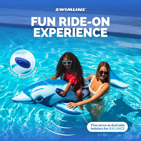 SWIMLINE Summer 75", Inflatable Ride-On Pool Float Fun Raft for Pools, Beaches, and Parties, Large Dolphin, Blue