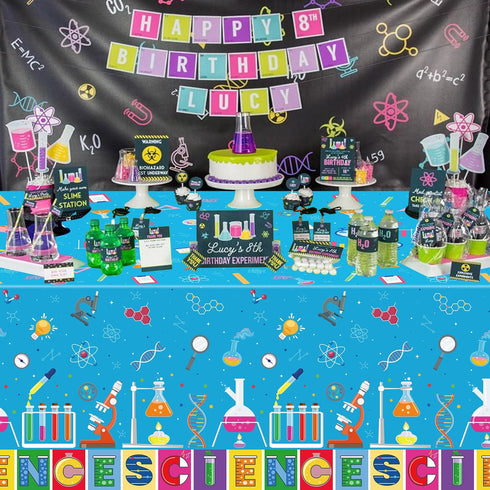 4 PCS Science Party Tablecloth Decorations, Mad Scientist Theme Birthday Party Supplies, 51 x 86in Rectangular Covers