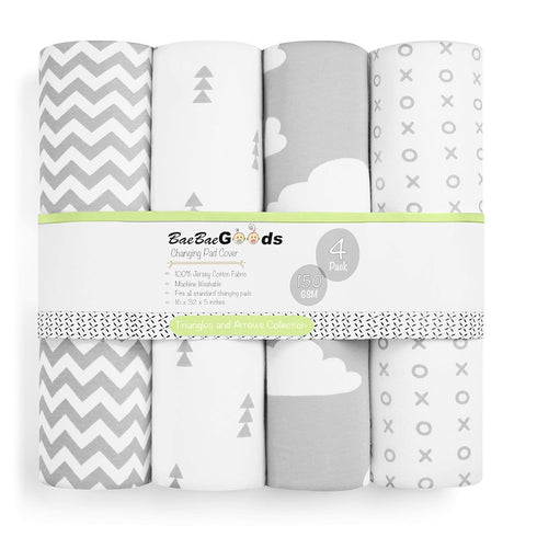 Premium Baby Changing Pad Covers 4 Pack - Pure Cotton Machine Washable Grey and White Changing Table Cover