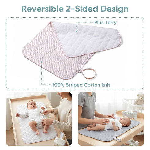 3-Pack 100% Spirich Reversible Changing Pad Liners, Waterproof & Wipeable Diaper Changing Mat, Thick Terry & Cotton