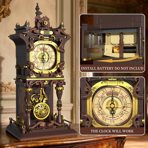 SHAREHB Set, 12+, Vintage Swing Clock Building Blocks Real Working Moving Pendulum & Rotating Dial, Mechanical Building