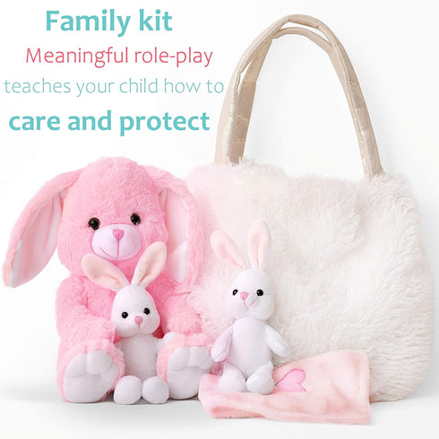 Perfectto Design Bunny Toy Set - 4 Pcs with Mommy, 2 Baby Rabbits, XL Furry Bag, and Doll Blanket for Ages 3-8