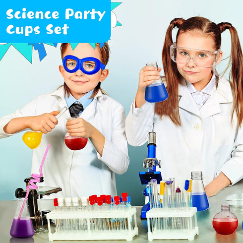 Tanlade 32 Pieces Science Party Theme Cups Set with Plastic Reusable Conical Flask Bottles, Silly Loop Straws