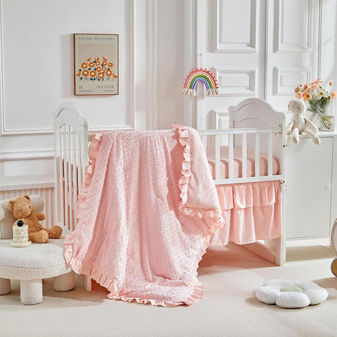 3 Set Flysheep Pieces Tufted Crib Bedding with Ruffle Fringe, Pink Ruffled Comforter with Fitted Sheet and Bed Skirt