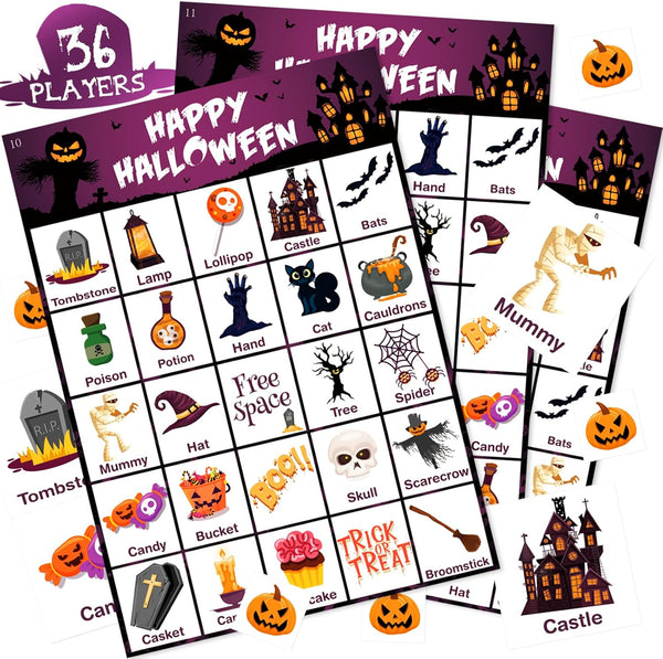 V-Opitos Halloween Bingo Game Card for Kids/Adults, 36 Players, Family/School Classroom Halloween Party Favor