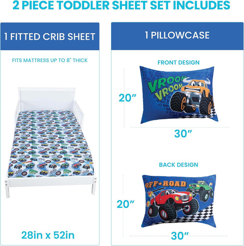 2-Piece Sets 28x52 20x30 Todays Kids Monster Truck Bedding Toddler Bed Sheets - Toddler Bed for Boys Crib Size, Fitted