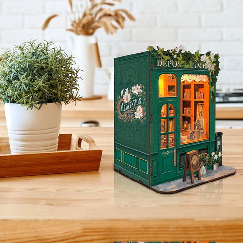 Set DIY Book Nook Kit, Miniature Bookshelf Decor with LED Lights, Laser-Cut Wooden Craft for Adults, Creative Gift