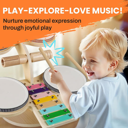 Set, 8 1 18 2 3 4 5 6 iPlay, iLearn Toddler Wooden Drum Kids Musical Instruments Toy, in Percussion Drum Kit