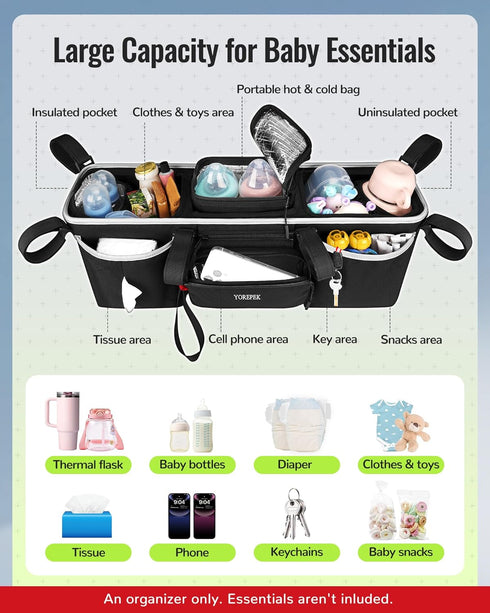 GT2 YOREPEK Heavy Duty Double Stroller Organizer for Bob Duallie, Baby Jogger City Mini and Jeep,Stroller Caddy
