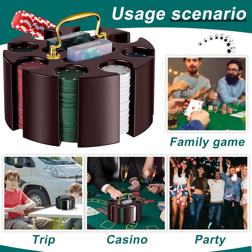 Wettarn Poker Chips Set - 200 Count Rotating Poker Chip Case with 200 Chips & 2 Decks of Playing Cards for Casino
