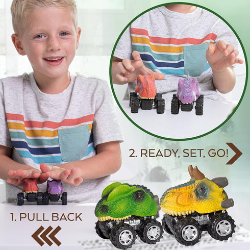 6 Pack Pull Back Dino Cars, Dinosaur Car Toys for Kids, Pull Back Dinosaur Cars Set