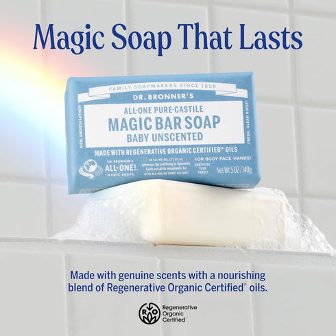 2 Pack, 5 oz Dr. Bronner's Pure-Castile Baby Unscented Magic Bar Soaps - Made with Regenerative Organic Certified Oils