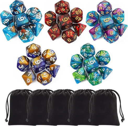 CiaraQ Polyhedral Dice Set (35 Pieces) with Black Pouches - 5 Complete Double-Colors Dice Sets for Dungeons and Dragons