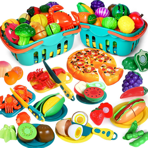 100 PCS Cutting Play Food Toy for Kids Kitchen, Pretend Food Toys with Baskets, Birthday Gifts for Ages 3-5