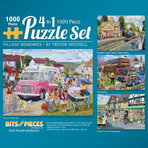 Bits and Pieces 4-in-1 Multi-Pack, 1000 Piece Jigsaw Puzzles for Adults, Village Memories Puzzle Set Bundle by Trevor