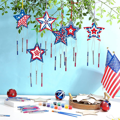 Sheroll 30 Pack 4th of July Wind Chime Kit for Kids, DIY Craft for Patriotic Star Wooden Decorations