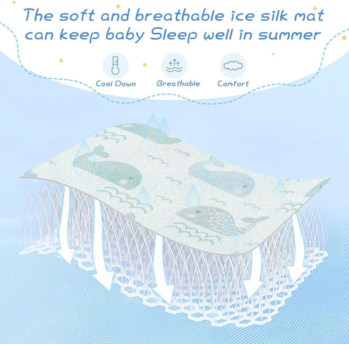 Burbuja 28x52 Baby Cooling Mat Cute Whales Bed Pad Ice Silk Cool Mat for Crib Mattress, Sleeping Pad with Pillowcase