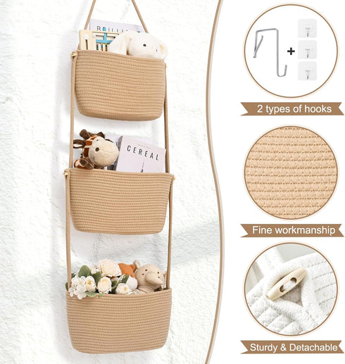 3-Tier 4 Hanging Basket, Wall Baskets, Over the Door Organizer with Hooks, Hanging Baskets for Organizing, Woven