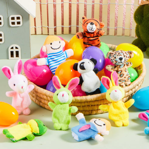 24 JOYIN Pcs Easter Eggs Filled with Finger Puppets, Prefilled Egg with Cartoon Animal Puppets for Kids Easter Hunt
