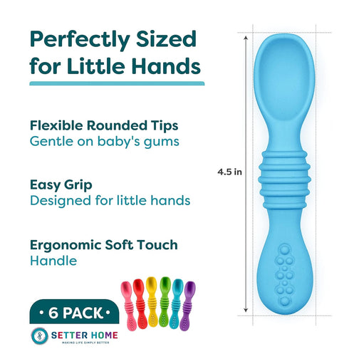Premium Silicone Baby Spoons - 6 Pack, Self Feeding Training Spoons for Infants & Toddler, First Stage Chewable Baby Led Weaning Utensils, Dishwasher Safe, BPA Free, Baby Feeding Essentials