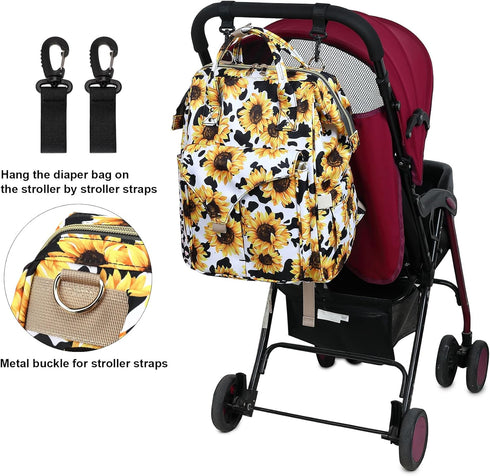 Mimfutu Backpack Cow Print Sunflower Diaper Bag for Baby Girls Boys, Large Capacity Multifunction Waterproof Maternity