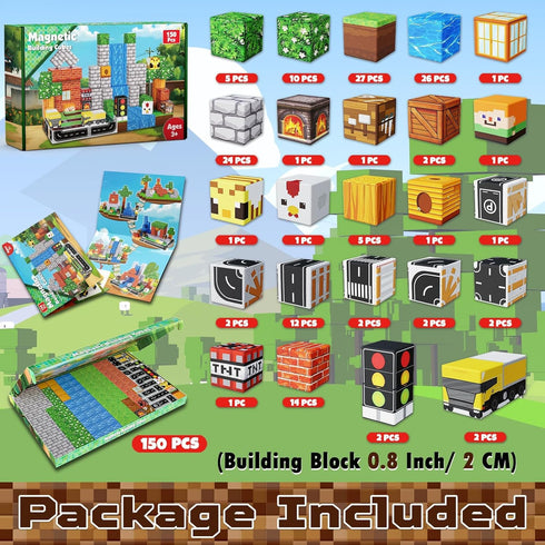 150PCS 3+ Annexfun Magnetic Blocks - Magnetic Building Blocks Road Forest Magnetic Cubes - STEM Toys for Montessori