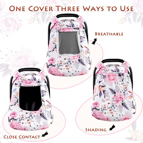 2 Floral Baby Carseat Cover Girls, Pea Pod Infant Car Seat Covers Canopy for Newborn with Layers Windows of Breathable