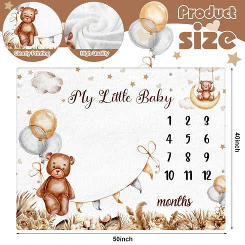 Boho Sleeping Bear Monthly Baby Milestone Blanket Brown Bear Balloon Flannel Blanket Boy Newborn Infant Swaddle Blanket Growth Chart Baby Blanket with Frame for Boys Girls Nursery by Mindsoft
