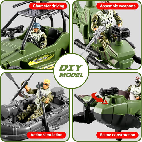 HOSPONY 58-in-1 4-7 6-8 8-12, Army Men Toys for Boys Military Truck/Helicopter/Kayak Boat/Motorcycle/Army Men Action
