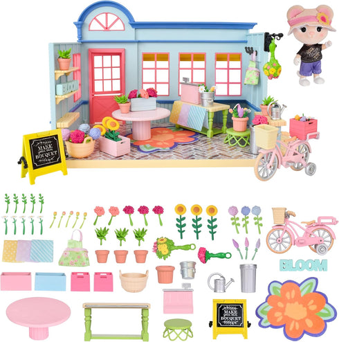 59 Honey Bee Acres in Bloom Flower Shop, Complete Dollhouse with Miniature Doll Figure, Pieces