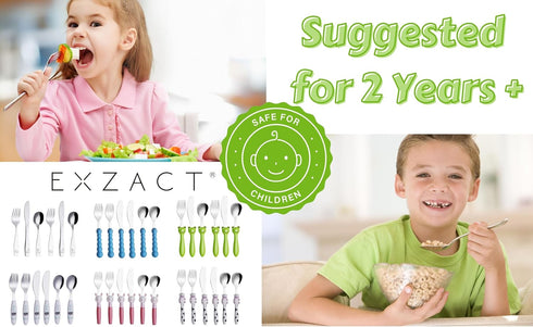 Exzact Kids Flatware 6 Pieces Stainless Steel Silverware, 2 Forks, 2 Knives, 2 Spoons, Toddler Utensils, Dishwasher Safe