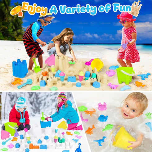 REZUCREY 4 3-10 Beach Toys for Kids Toddlers, Sand Castle Toys with Sand Bucket and Shovels, Mesh Bag & Molds, Ice