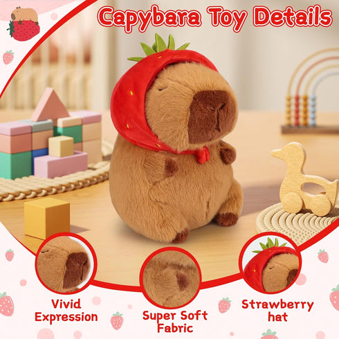 Emoin Capybara Plush Toy - 9.8 Inch Kawaii Capybara with Strawberry Hat, Soft Brown Doll Gift for Kids Adults
