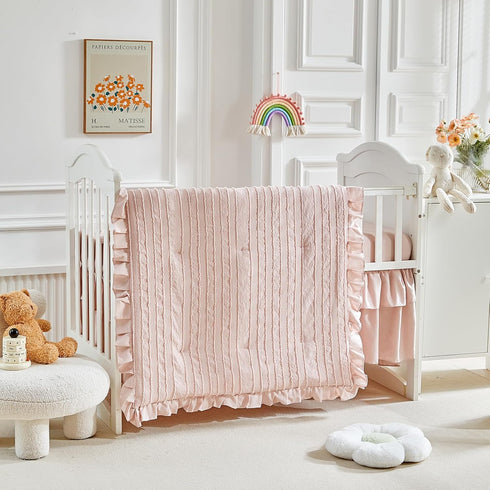 3 Set Pieces Tufted Stripes Crib Bedding with Ruffle Fringe, Pink Ruffled Comforter with Fitted Sheet and Bed Skirt
