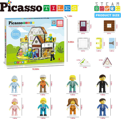 PicassoTiles Magnet Tile Building Block Family Homestead Doll House Playset, 8 Character Action Figures, STEM Kit